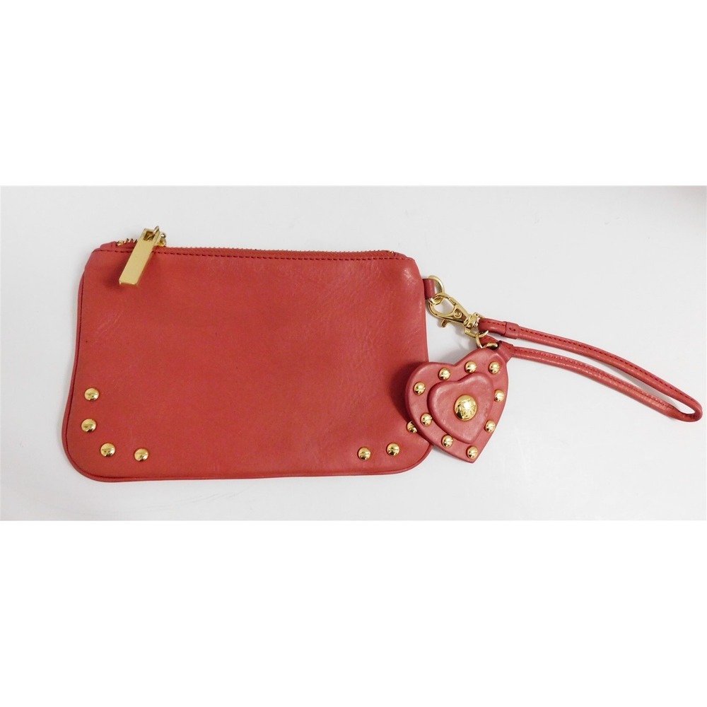 Tory Burch Hailey Red Leather Gold Studded Heart Wristlet